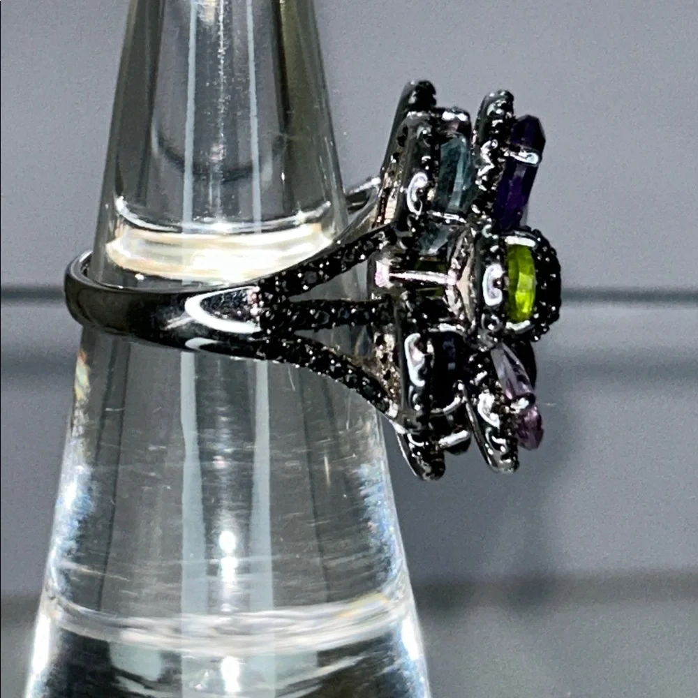 NWOT Multi Genuine Gemstone Sterling Silver Designer Floral Themed Ring Bohemian